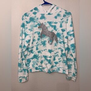 Tie Dye Unicorn Hoodie Girls Size 14/16 Teal White Glitter Graphic Sweatshirt